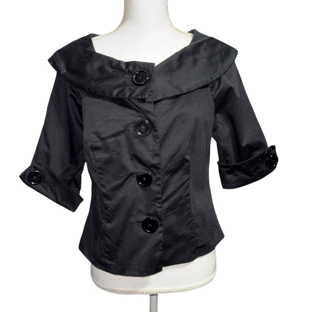 Vintage Black Portrait Collar Cropped Short Sleeve Jacket Blazer Zebra Lined SZ6 - Picture 3 of 13